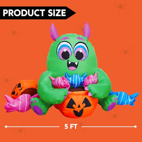 Halloween Inflatable Monster with Candies - 5 Ft Outdoor Yard Decor with Built-in LEDs