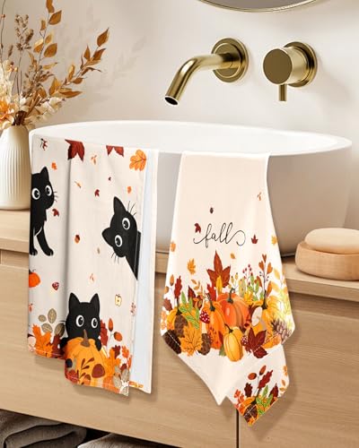 Miss Adola Fall Kitchen Towels Set of 2 - Pumpkin Cats Design
