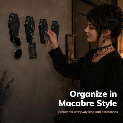 Gothic Coffin Wall Decor with 8 Hooks - Rustic Black Key Holder Set