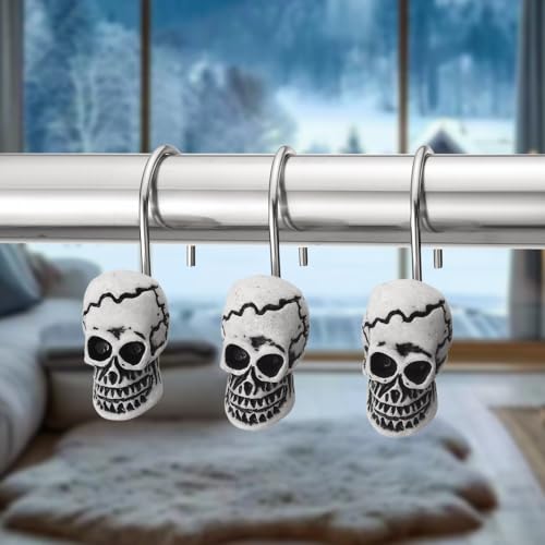 Decorative Skull Shower Curtain Hooks Set - Black Skull Design, 12PCS