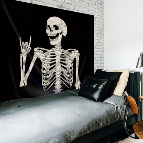 Skull Skeleton Wall Tapestry - Gothic Black & White Halloween Home Decor - 51x59 Inches