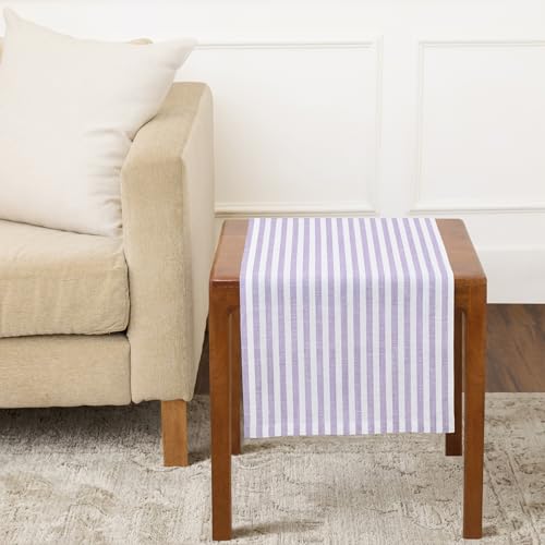 Violet and White Linen Table Runner 14x36 Inches - Handcrafted European Flax