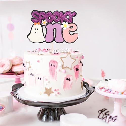 Spooky First Birthday Cake Topper - Ghost Theme Purple Glitter Halloween Decoration