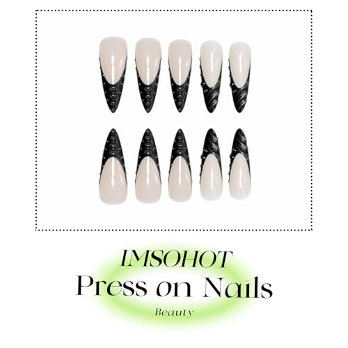 IMSOHOT Long Stiletto Press On Nails Black French Tips with 3D Designs - Variation 75-C42Black