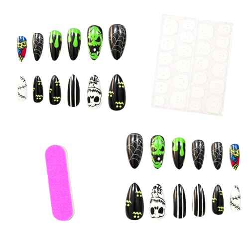 Halloween Fake Nails Set - Black Almond Press On Nails with Skull & Spiderweb Designs - Variation 11