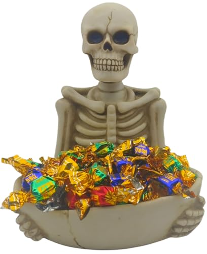 Halloween Skull Candy Bowl with Handheld Skeleton Decor - 9.1 Inch