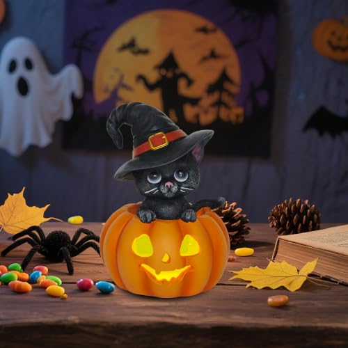 Halloween Cat in Pumpkin Decor - Female Witch Hat Indoor Ornament - Cat Lovers Gift - Variation of THIS listing