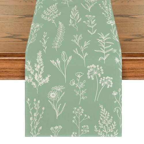 Sage Green Leaves Flowers Spring Table Runner 13x72 Inch - Kitchen Decor