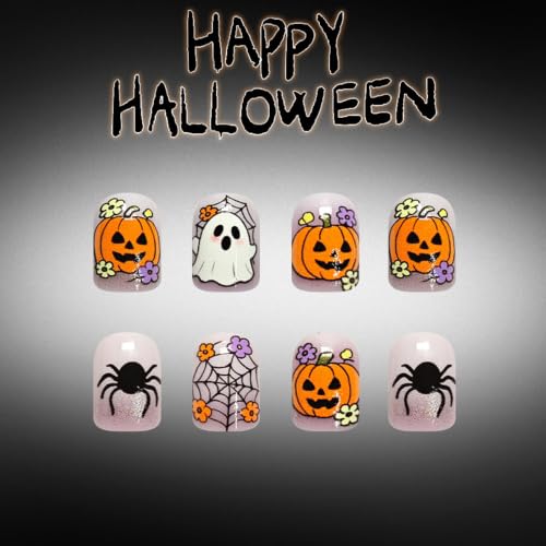 Halloween Press-On Nails Short Square with Ghost Spider Web Glitter - Light Purple 24 Pack