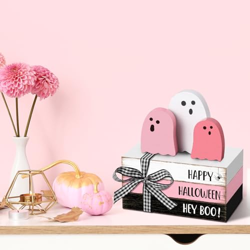 Pink Ghost Halloween Table Decor Set - 3 Wooden Signs & 3 Decorative Books - Pastel Pink Holiday Accent with 'Happy Halloween' Phrase
