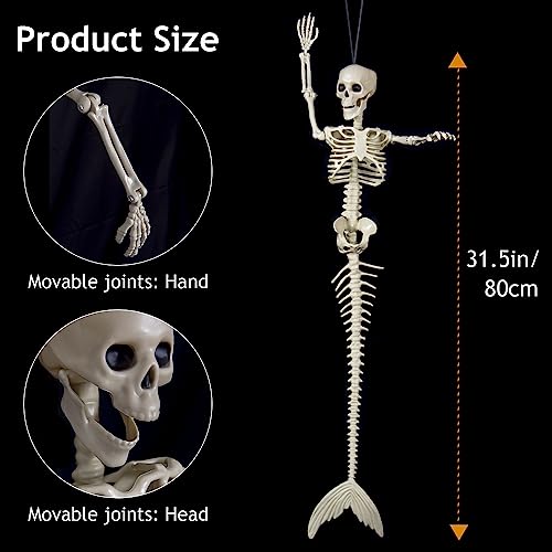 33-Inch Poseable Mermaid Skeleton Halloween Decoration - Hanging Spooky Scene Prop