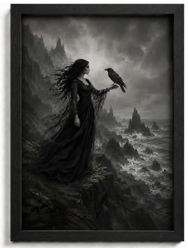 Moody Gothic Witch and Crow Wall Art - Framed Halloween Seaside Cliff Decor 10x8
