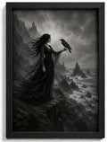 Moody Gothic Witch and Crow Wall Art - Framed Halloween Seaside Cliff Decor 10x8