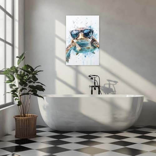 Sea Turtle Wall Art Canvas Prints Bathroom Decor Teal 36x24 Inches - Funny Turtle with Glasses