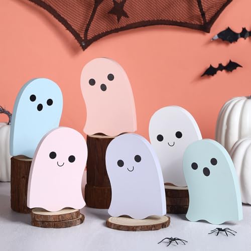 Pastel Halloween Ghost Decorations Set - Wooden Tabletop Signs for Fall Home Decor