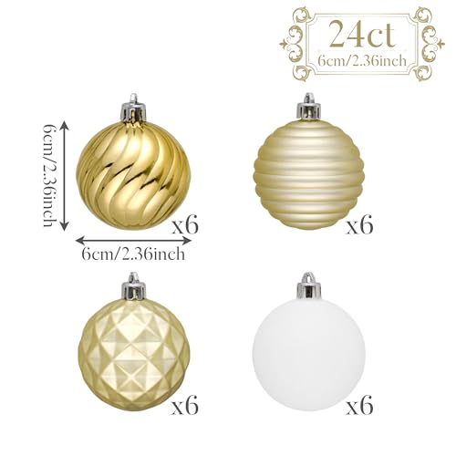 Valery Madelyn White Gold Christmas Ornaments Set 24ct - Shatterproof Holiday Tree Decorations