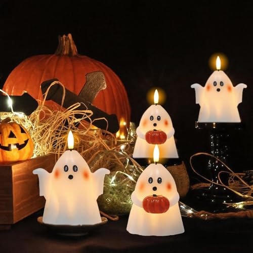 White Halloween Ghost Flameless Candles with 6H Timer - Spooky Ghost Decor