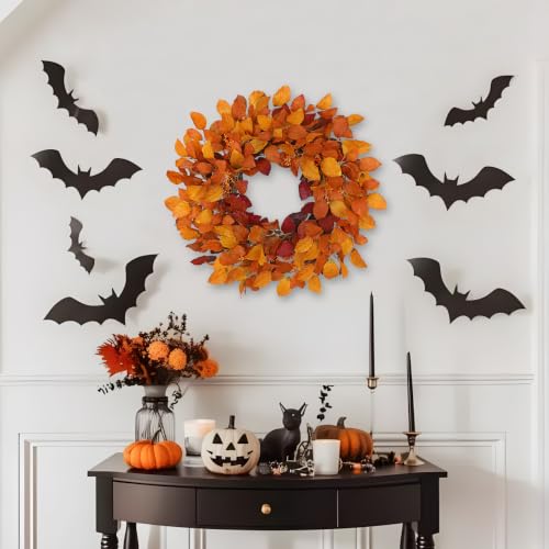 Artificial Fall Leaf Wreath - 24 Inch Autumn Decoration in Orange Yellow - Rustic Front Door Decor