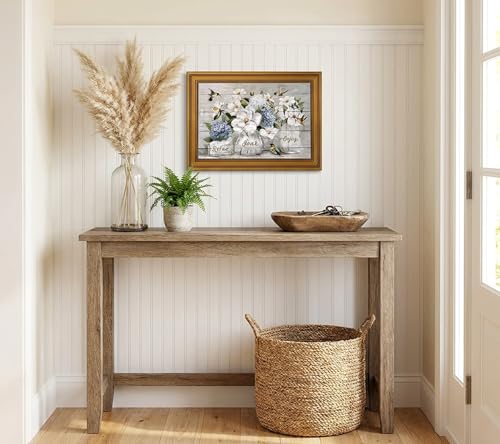 Hydrangea & Hummingbird Floral Canvas Wall Art - Rustic Bathroom & Living Room Decor 11x9in