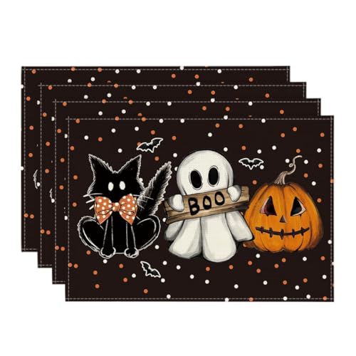 Black Cat Ghost Halloween Placemats Set of 4 - 12x18 Inch Rectangular
