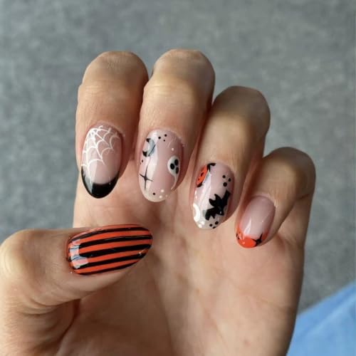 Halloween Medium Almond Press-On Nails with Ghost Bat Pumpkin Spider Web Design - Style8 - 24PCS