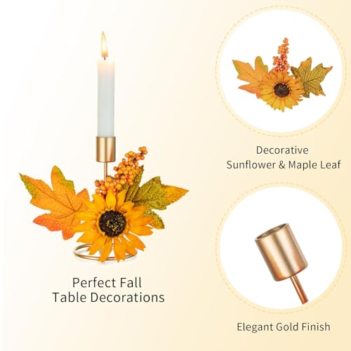 Fall Candle Holder Set of 4 - Gold Thanksgiving Decor with Sunflower & Maple Leaves