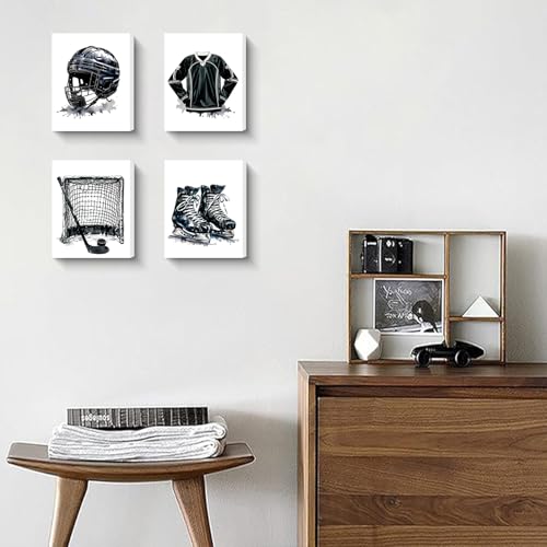 8x10 Inch Hockey Wall Art Set of 4 Framed Canvas Prints - Black & White Sports Decor