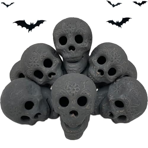 8 Piece Ceramic Skull Fire Pit Decor - Reusable Halloween Skeleton Head Set - Black Variation