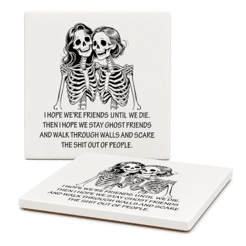 Black-White Skeleton Friends Coasters Set of 2 - Gothic Ceramic Drink Coasters