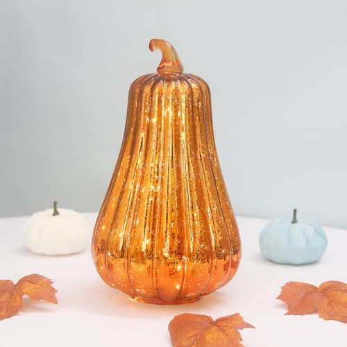 Mercury Glass Pumpkin Lights with Timer - Gold, 11 Inch Fall Halloween Decor