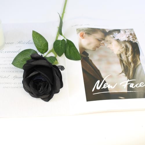 Black Artificial Roses Flowers - 12 Pcs Fake Silk Long Stem Bouquets for Halloween & Gothic Decor - Variation of 12-PCS / Black