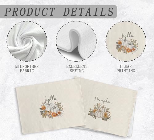 White Hello Pumpkin Fall Kitchen Towels and Dishcloths Set of 2 - Farmhouse Decor Gift