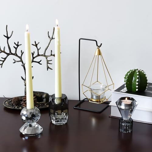 Smoky Grey Crystal Candle Holder Set of 3 - Elegant Glass Stand for Pillar Taper Tealight Candles, Wedding & Holiday Decor