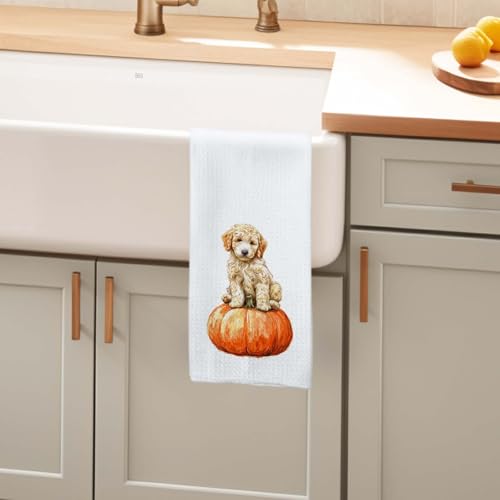 Goldendoodle Fall Kitchen Towel - Pumpkin Dog Decor Dish Hand Towel - Thanksgiving Halloween Autumn Gift for Dog Lovers - 16x24 Inches