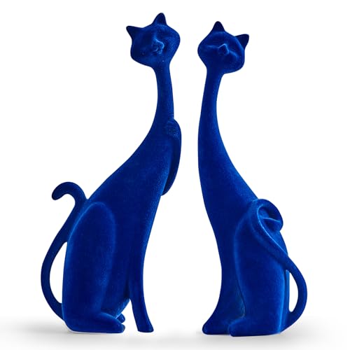 Navy Blue Cat Statue Couple Figurines - Modern Resin Table Decor for Living Room Office