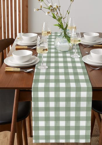 Sage Green Buffalo Plaid Table Runner 48 Inch - Farmhouse Kitchen Decor - Sage Green & White