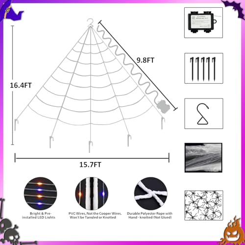 Outdoor Halloween Spider Web Lights - 250 Purple & Orange LEDs, 8 Modes, 16ft Yard Decoration