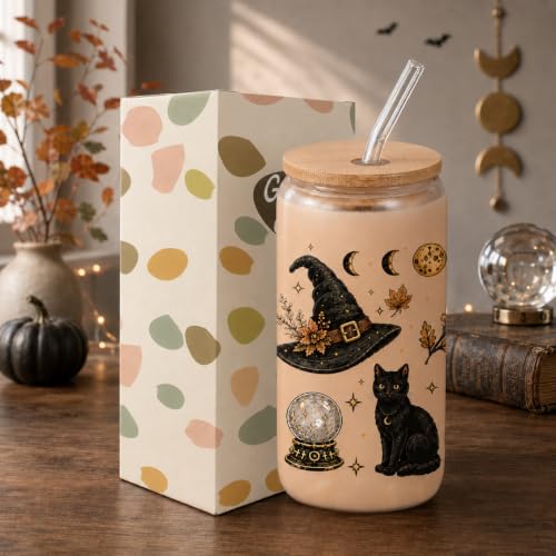 Halloween Glass Cup with Lid & Straw - 16oz Witch Design, Gift Set