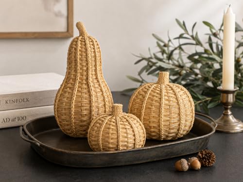 3-Piece Wicker Pumpkin Set for Fall Decor - Rustic Autumn Decoration