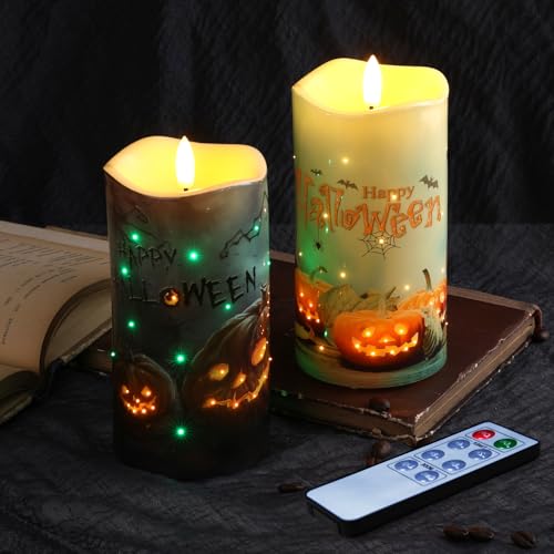 Halloween Pumpkin Fiber Optic Flameless Candles with Remote Control - Set of 2