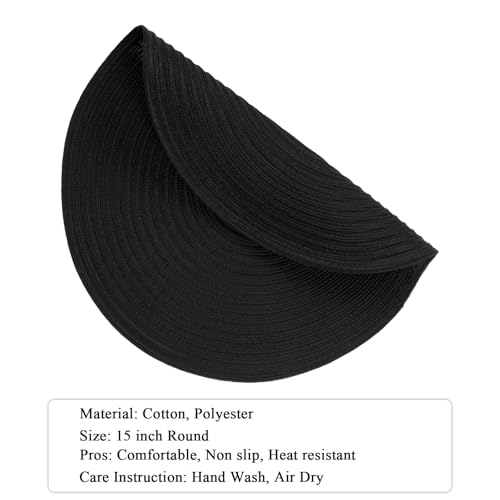 Black Round Placemats Set of 12 - Heavy Cotton Polyester Woven Table Mats