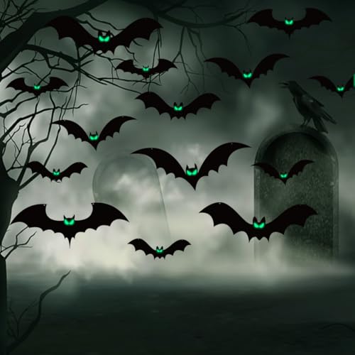 Halloween Hanging Bat Decorations Set - 18 Waterproof Creepy Bats with Glowing Eyes for Outdoor Yard and Party Decor