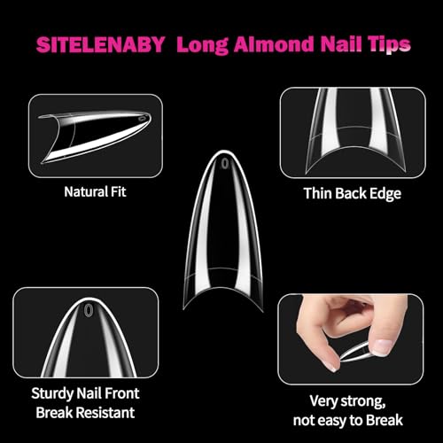 SITELENABY Long Almond Nail Tips,300PCS Soft Gel Pre-Shaped Acrylic Nail Tips X Half Cover Press On Nails, Almond Shape Nails For Nail Extension DIY