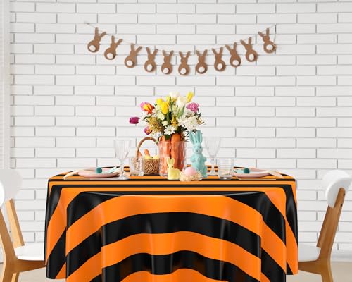 Black and Orange Striped Carnival Tablecloth - 6 Pcs, 84-Inch Round Disposable Linens - Party Decor
