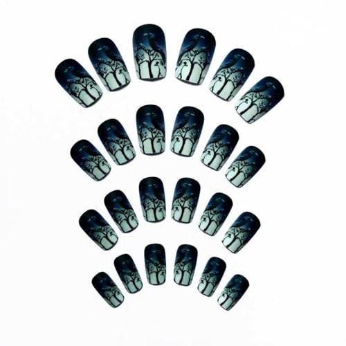 Halloween Press On Nails Medium Square Black Matte Raven Tree Design - Style 832, Reusable Gothic Fake Nails for Women Party Cosplay 24 Pcs