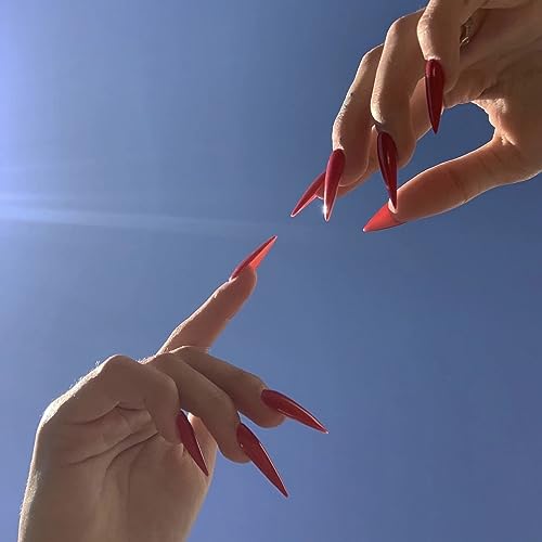 Press On Nails Long Stiletto Red Deep Solid Color Gothic Halloween - 24pcs (Variation: 6501Red)