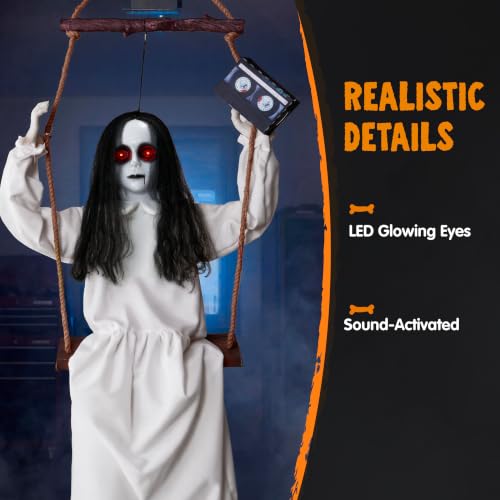 Halloween Hanging Ghost Girl Decoration with Sound & Lights - Black Hair Swinging Girl