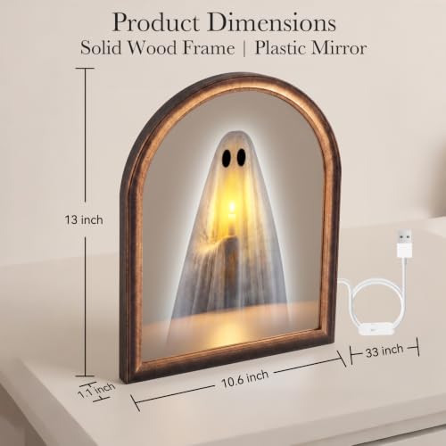 Halloween Ghost Mirror with Light-Up Spooky Glow 10.6x13.1 Inches - Tabletop Decor