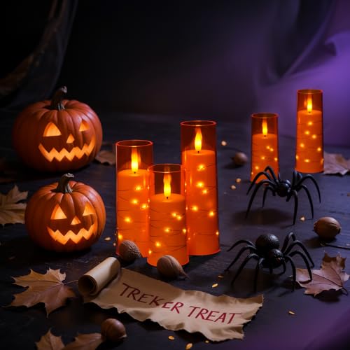 Raycare 9 Pcs Orange Flameless Candles with Remote Timer & Fairy Lights