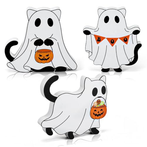 Halloween Cat Ghost Decor Set - Wooden Figurines for Tiered Tray & Tabletop - Pumpkin Variation